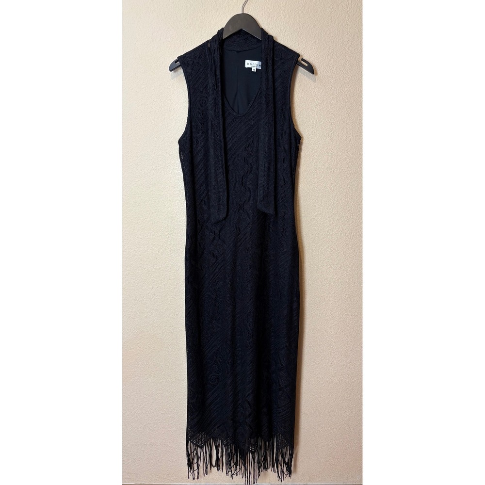 Harlow Dresses Black Crochet Lace Fringed Midi Dress Scarf Neck Vintage Style 14